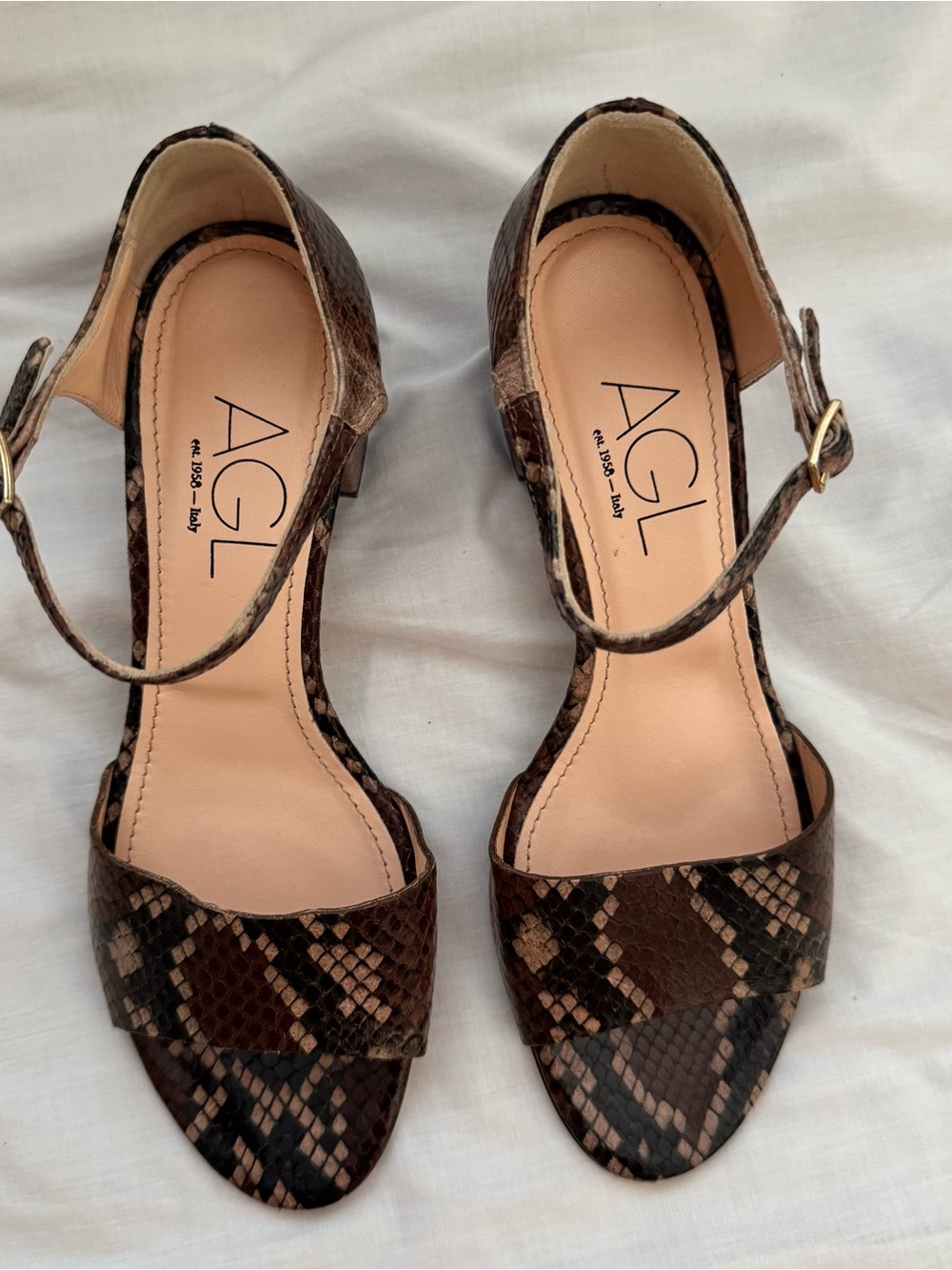 AGL Brown Snake Leather Ankle-Strap Sandals - Italy
